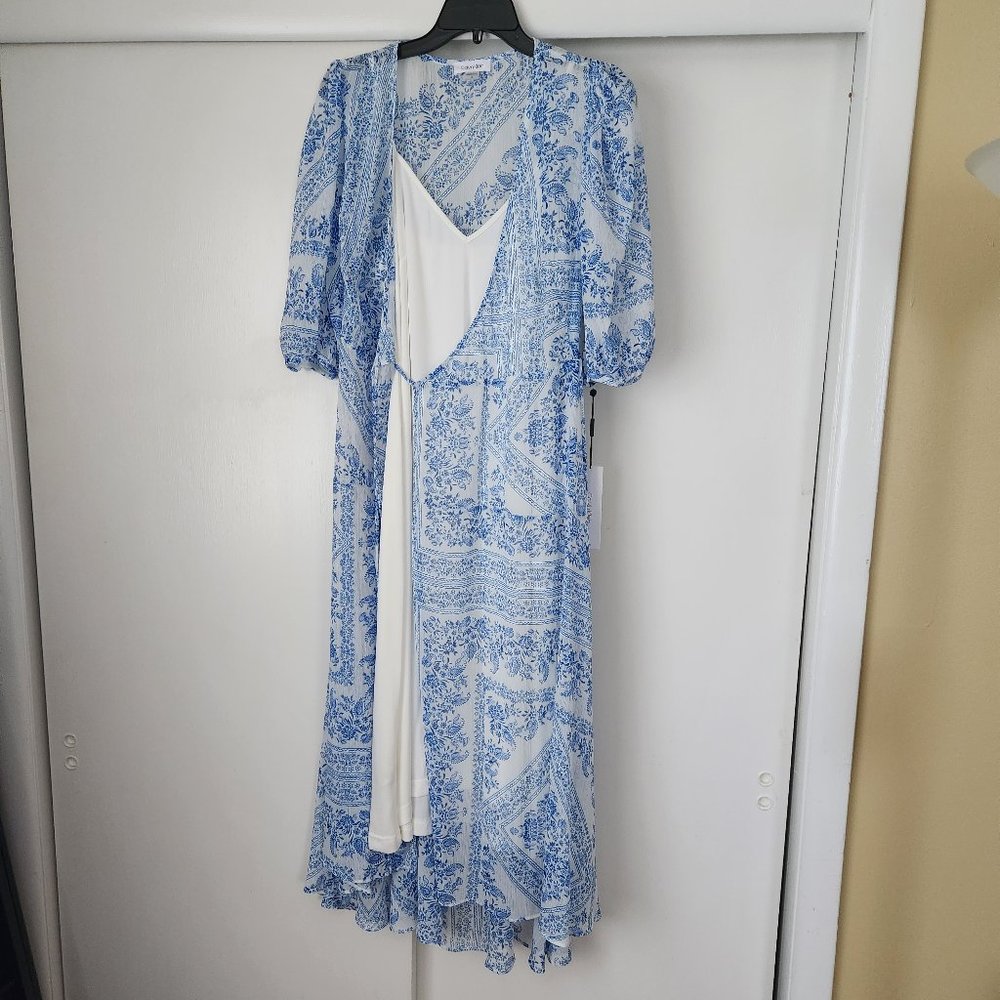 Calvin Klein Blue & White Floral Two Piece Wrap Dress